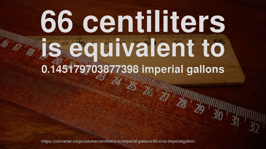 66 centiliters is equivalent to 0.145179703877398 imperial gallons