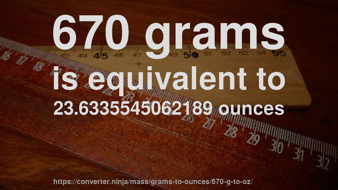 670 grams is equivalent to 23.6335545062189 ounces