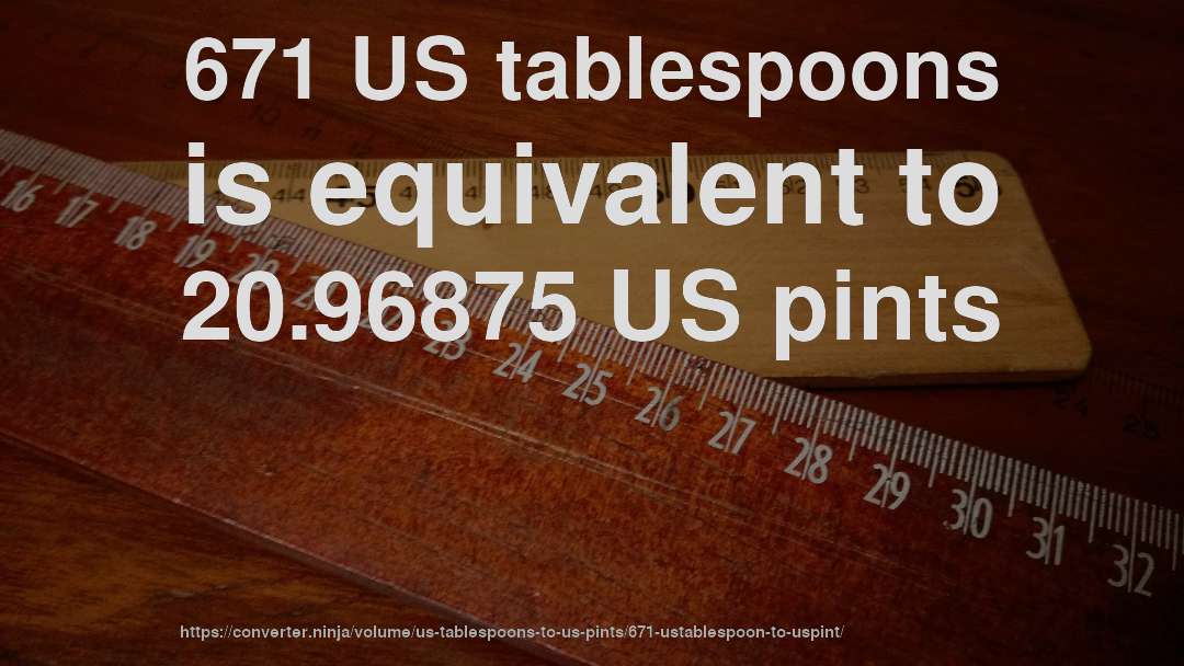 671 US tablespoons is equivalent to 20.96875 US pints