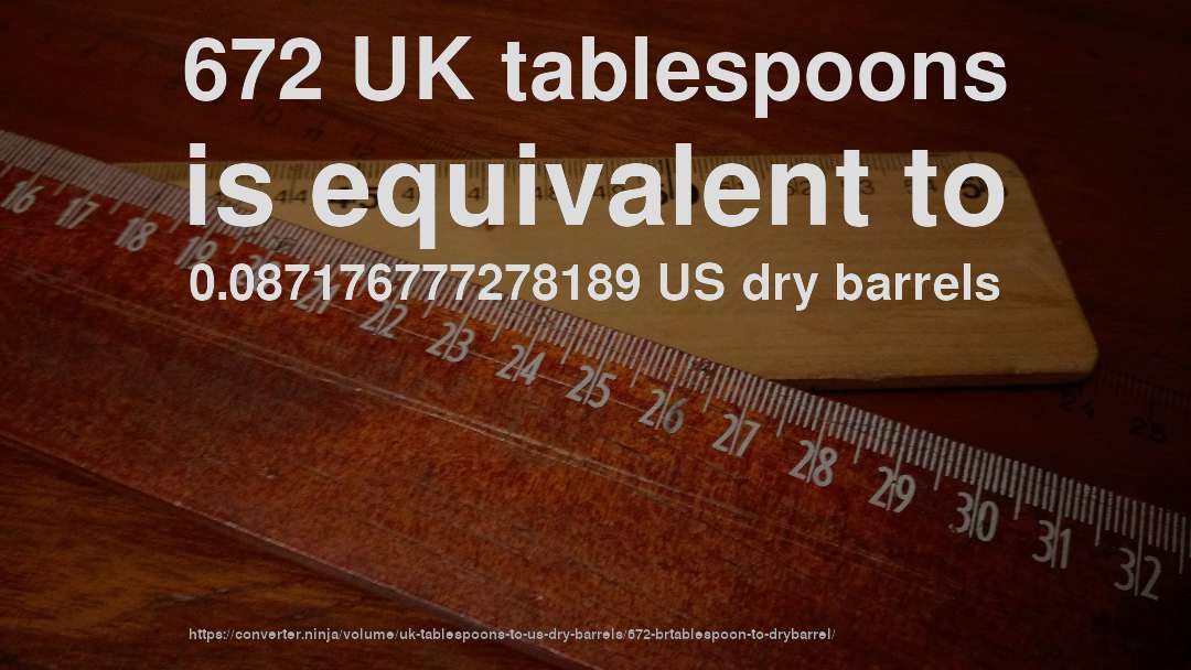 672 UK tablespoons is equivalent to 0.087176777278189 US dry barrels