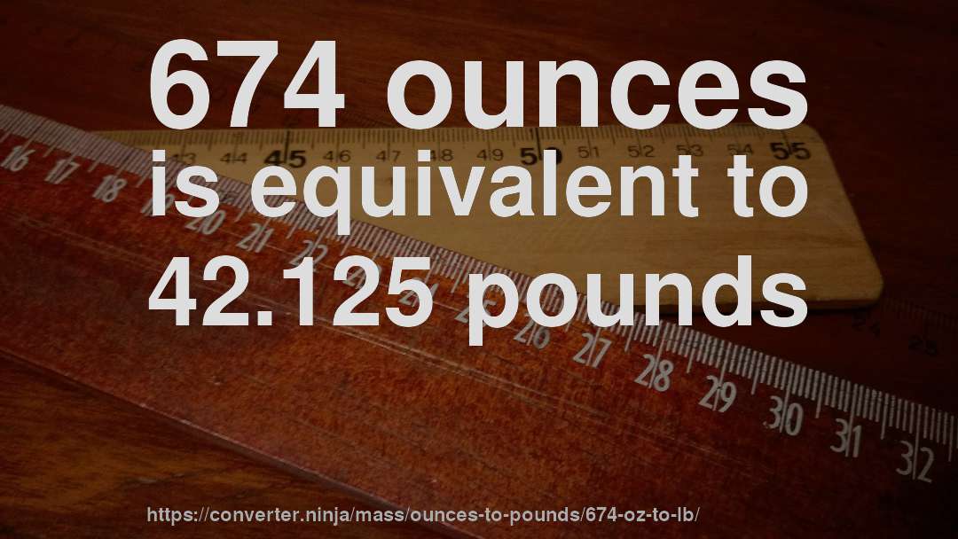 674 ounces is equivalent to 42.125 pounds