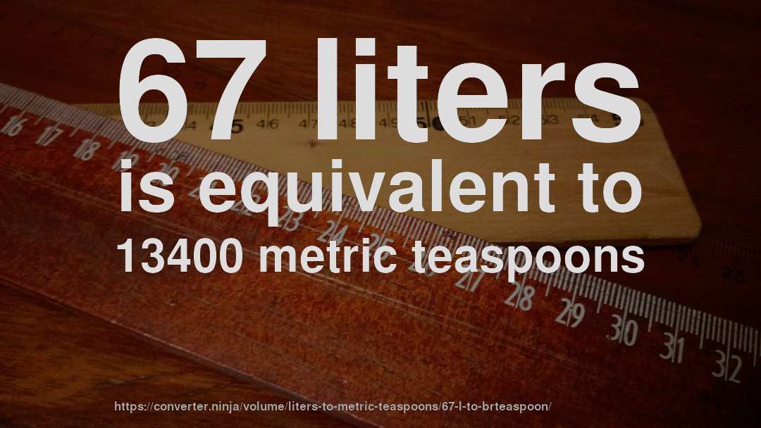 67 liters is equivalent to 13400 metric teaspoons
