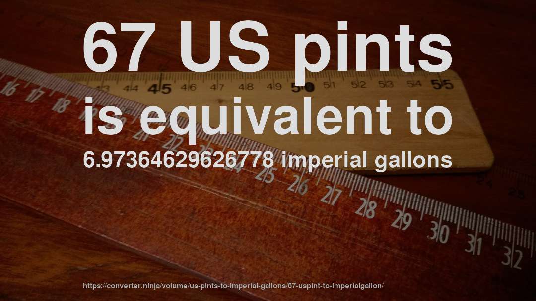 67 US pints is equivalent to 6.97364629626778 imperial gallons
