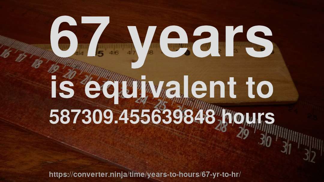 67 years is equivalent to 587309.455639848 hours