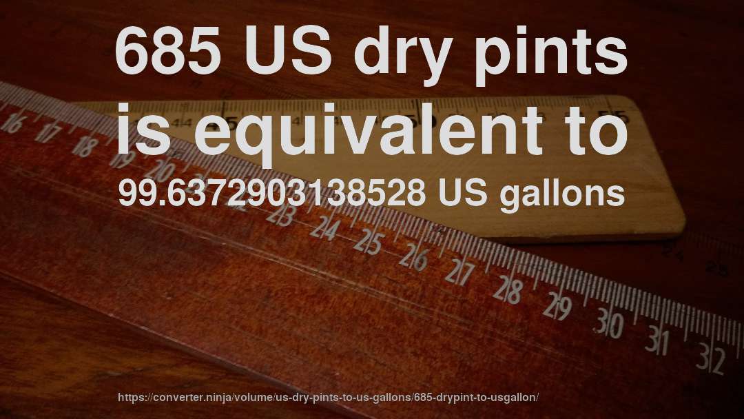 685 US dry pints is equivalent to 99.6372903138528 US gallons