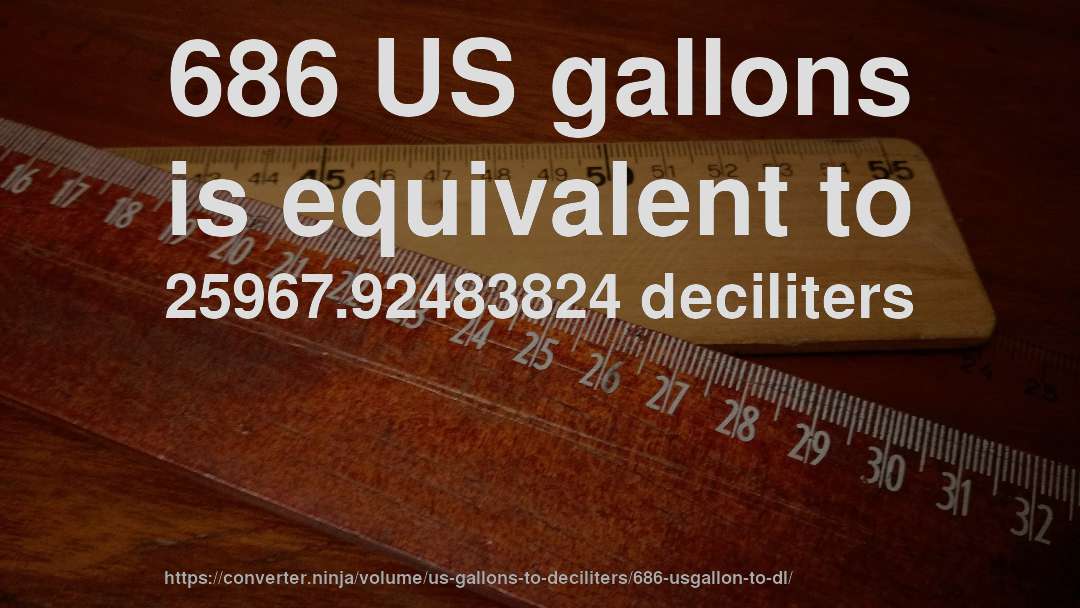 686 US gallons is equivalent to 25967.92483824 deciliters