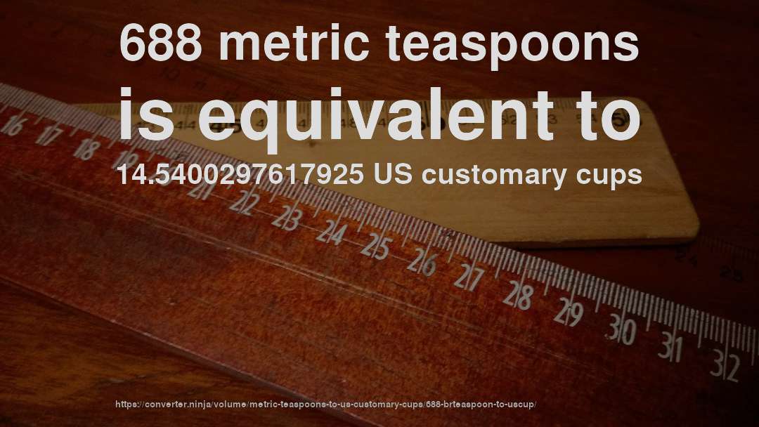 688 metric teaspoons is equivalent to 14.5400297617925 US customary cups