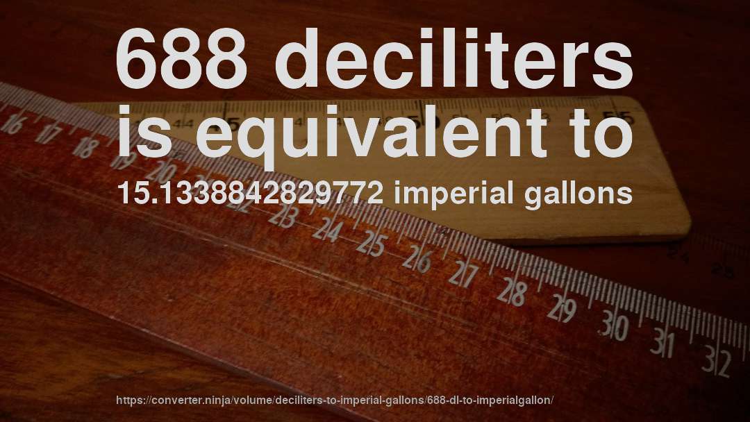 688 deciliters is equivalent to 15.1338842829772 imperial gallons