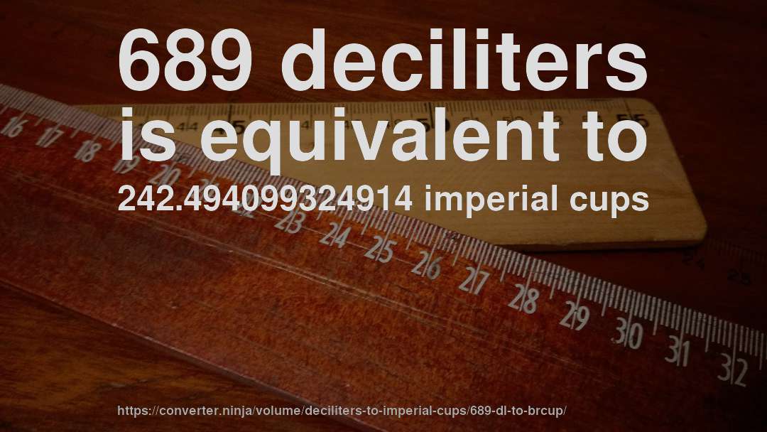 689 deciliters is equivalent to 242.494099324914 imperial cups