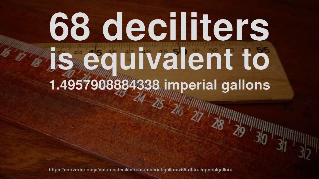 68 deciliters is equivalent to 1.4957908884338 imperial gallons