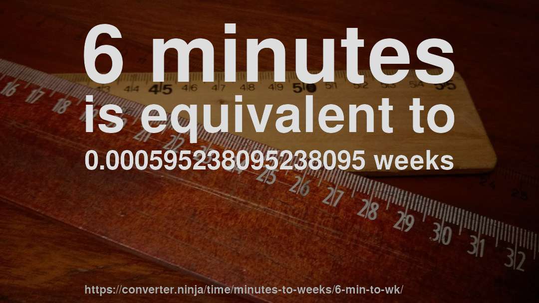 6 minutes is equivalent to 0.000595238095238095 weeks