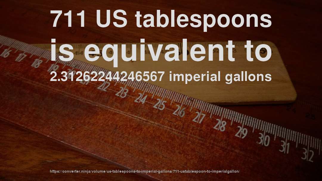 711 US tablespoons is equivalent to 2.31262244246567 imperial gallons