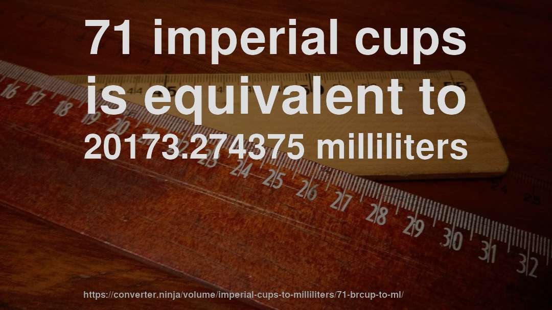 71 imperial cups is equivalent to 20173.274375 milliliters