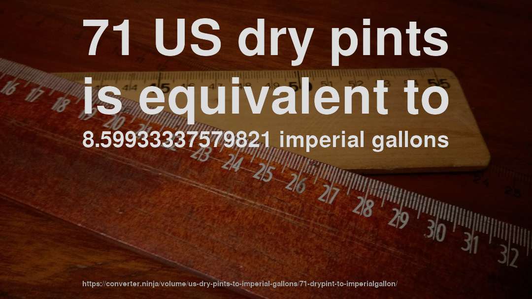 71 US dry pints is equivalent to 8.59933337579821 imperial gallons
