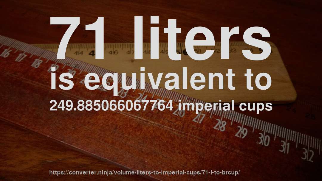 71 liters is equivalent to 249.885066067764 imperial cups