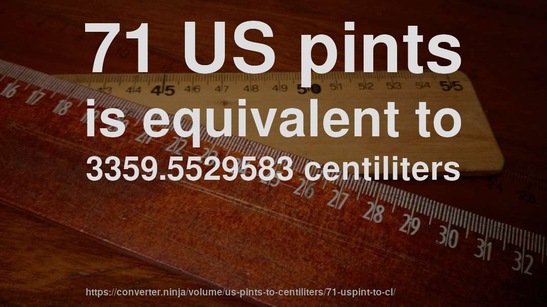 71 US pints is equivalent to 3359.5529583 centiliters