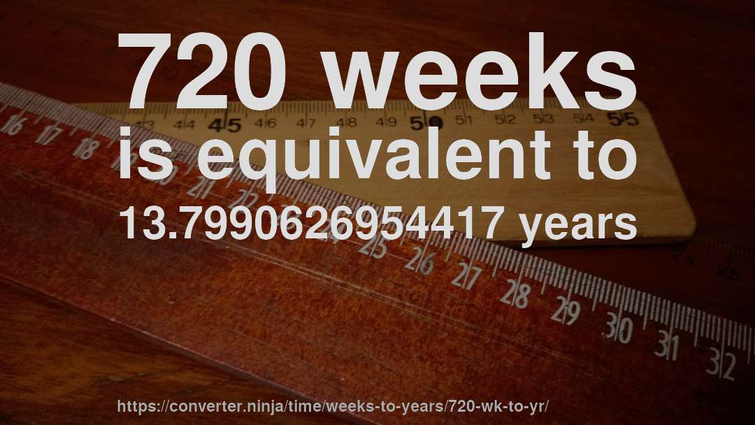 720 weeks is equivalent to 13.7990626954417 years