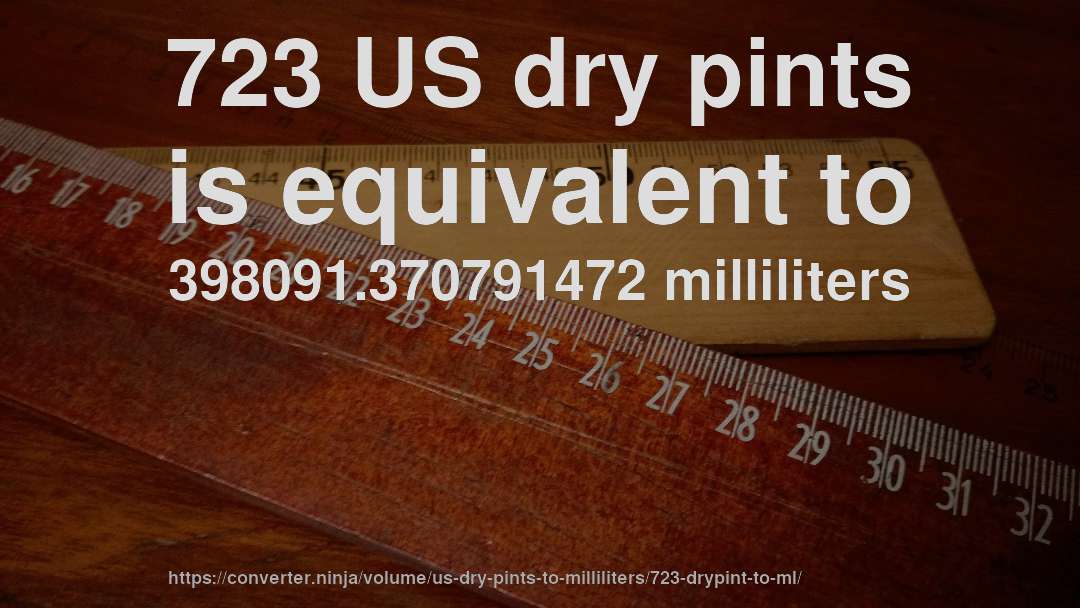723 US dry pints is equivalent to 398091.370791472 milliliters