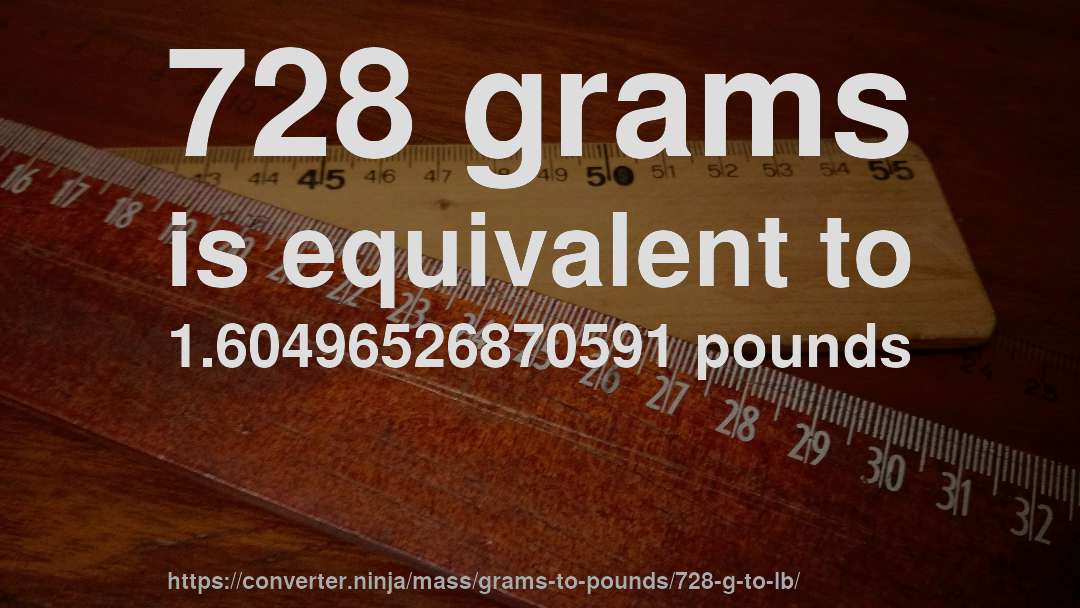 728 grams is equivalent to 1.60496526870591 pounds
