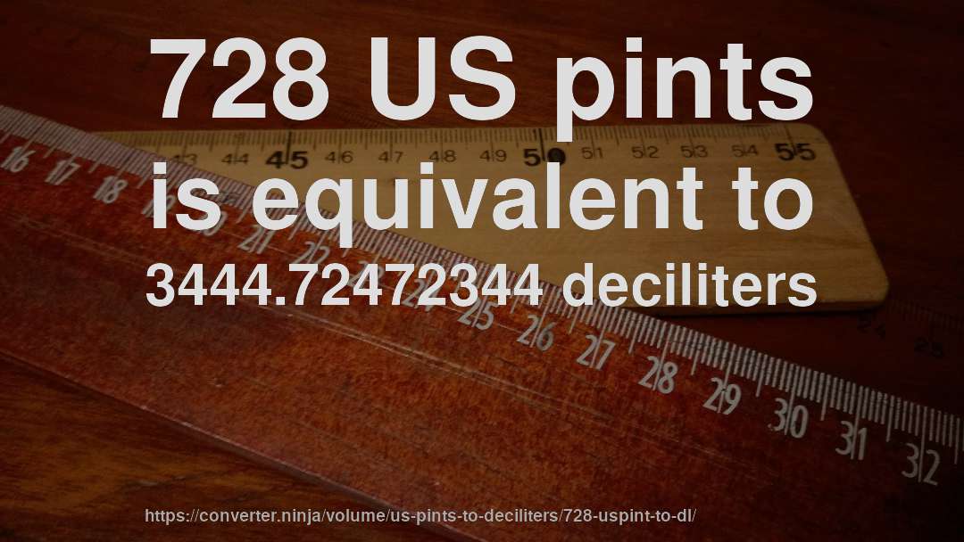 728 US pints is equivalent to 3444.72472344 deciliters