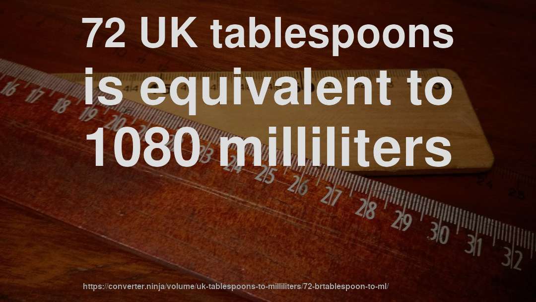 72 UK tablespoons is equivalent to 1080 milliliters