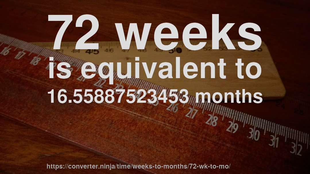 72 weeks is equivalent to 16.55887523453 months