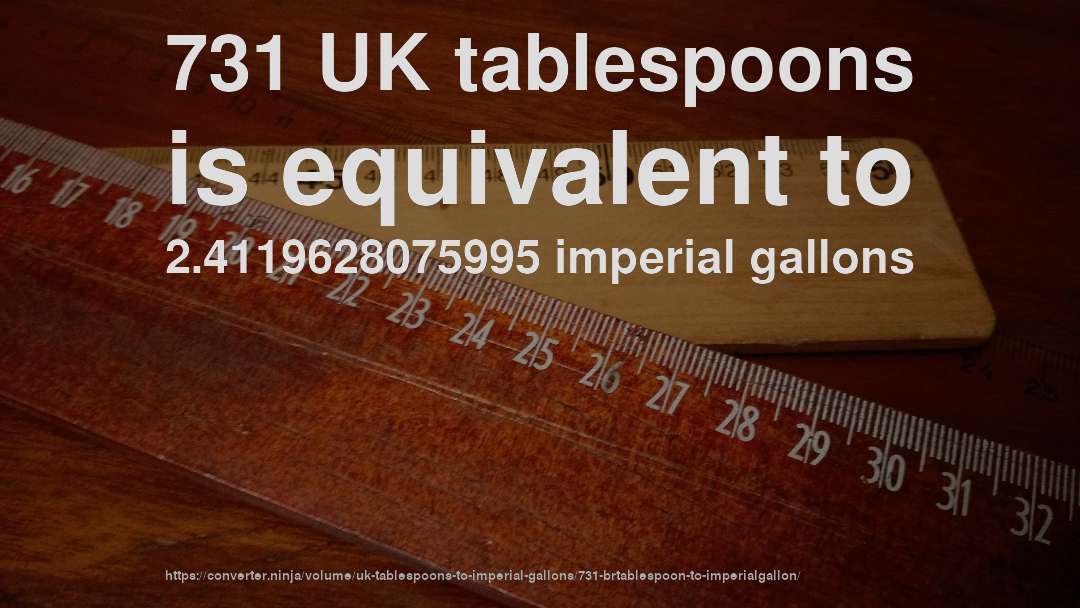 731 UK tablespoons is equivalent to 2.4119628075995 imperial gallons