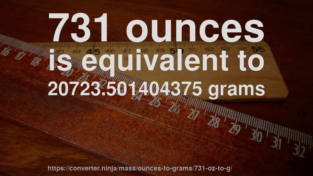 731 ounces is equivalent to 20723.501404375 grams