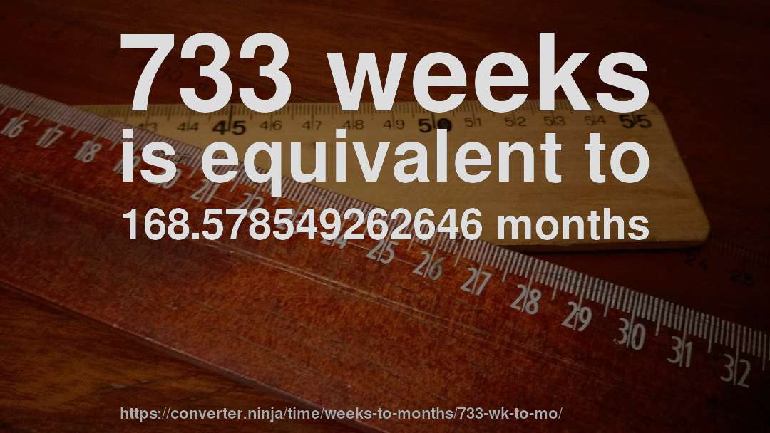 733 weeks is equivalent to 168.578549262646 months