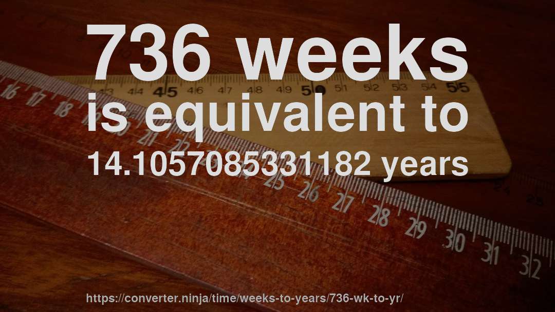 736 weeks is equivalent to 14.1057085331182 years