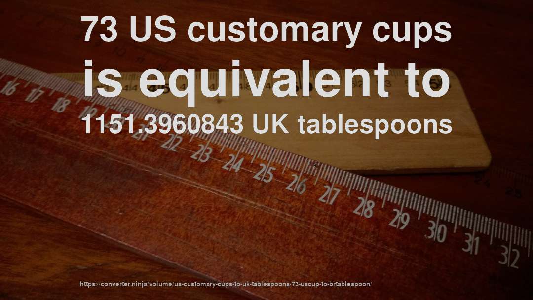 73 US customary cups is equivalent to 1151.3960843 UK tablespoons