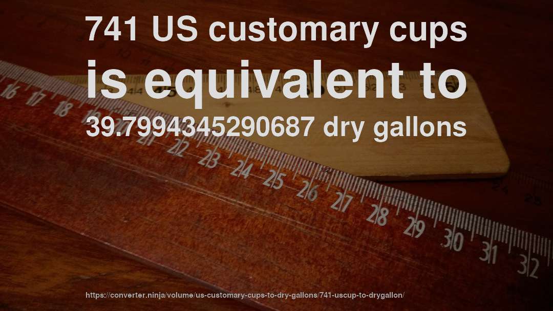 741 US customary cups is equivalent to 39.7994345290687 dry gallons