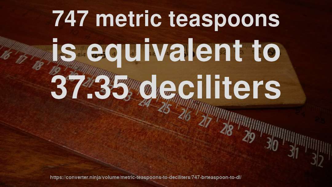 747 metric teaspoons is equivalent to 37.35 deciliters