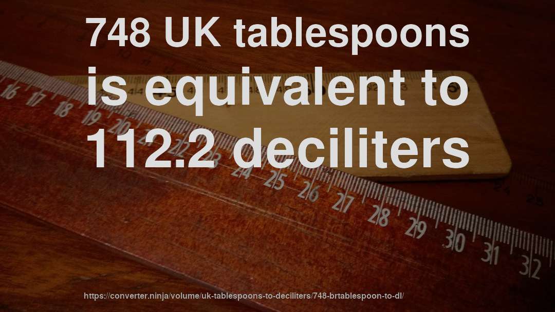 748 UK tablespoons is equivalent to 112.2 deciliters