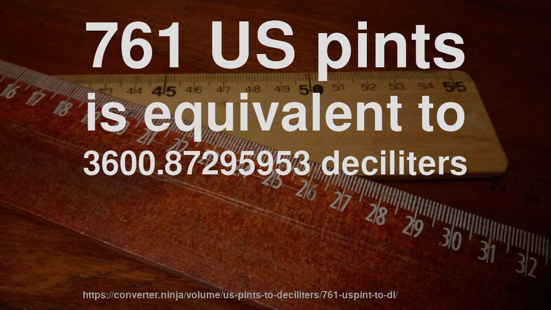 761 US pints is equivalent to 3600.87295953 deciliters