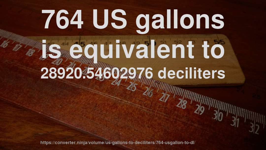 764 US gallons is equivalent to 28920.54602976 deciliters