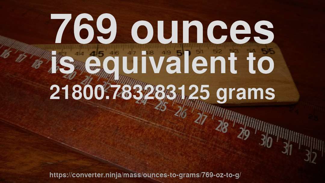 769 ounces is equivalent to 21800.783283125 grams