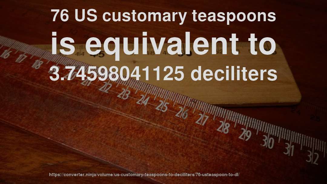76 US customary teaspoons is equivalent to 3.74598041125 deciliters