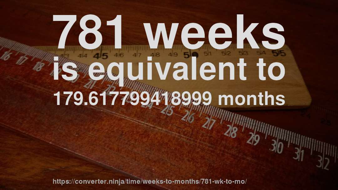 781 weeks is equivalent to 179.617799418999 months
