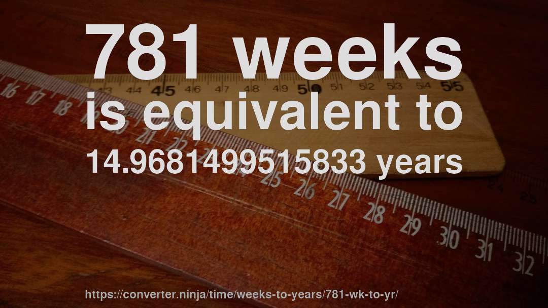 781 weeks is equivalent to 14.9681499515833 years