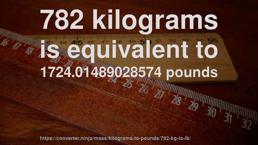 782 kilograms is equivalent to 1724.01489028574 pounds