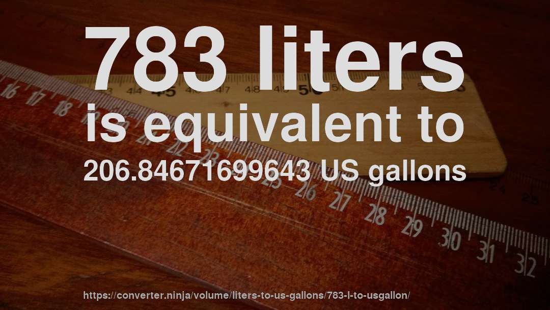 783 liters is equivalent to 206.84671699643 US gallons