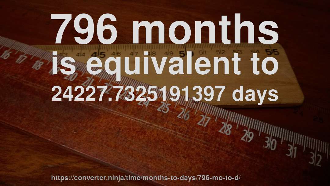 796 months is equivalent to 24227.7325191397 days