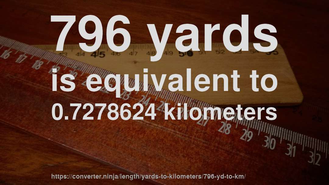 796 yards is equivalent to 0.7278624 kilometers