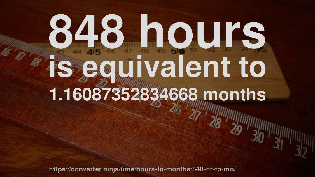 848 hours is equivalent to 1.16087352834668 months
