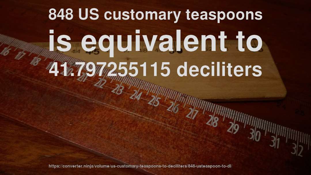 848 US customary teaspoons is equivalent to 41.797255115 deciliters