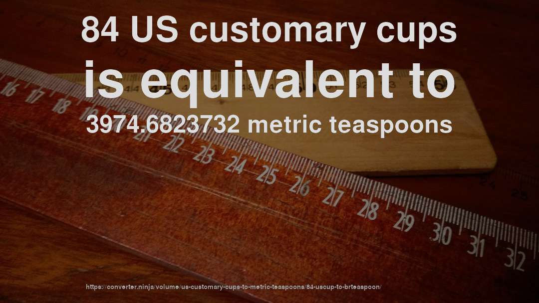 84 US customary cups is equivalent to 3974.6823732 metric teaspoons