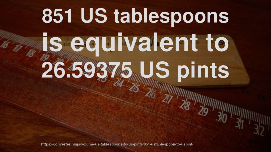 851 US tablespoons is equivalent to 26.59375 US pints