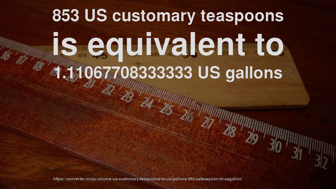 853 US customary teaspoons is equivalent to 1.11067708333333 US gallons