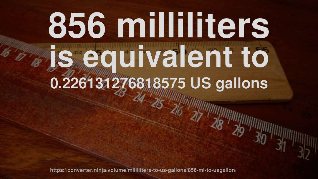 856 milliliters is equivalent to 0.226131276818575 US gallons